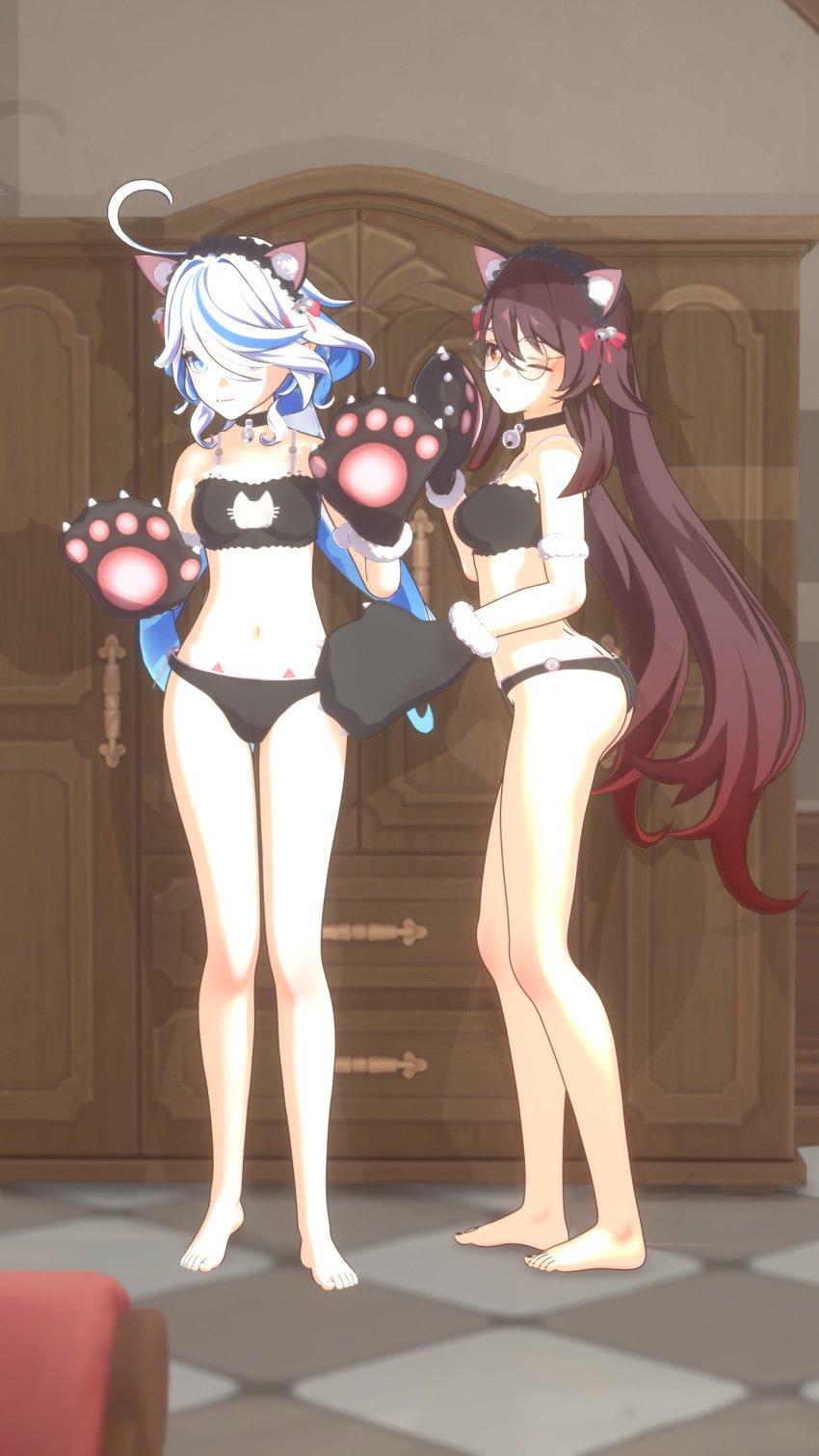 2girls 3d ass blue_eyes blue_hair bra brown_hair cat_ears cat_lingerie cat_paws choker female full_body furina_(genshin_impact) genshin_impact glasses hu_tao_(genshin_impact) lingerie neko one_eye_closed panties partially_nude petite posing round_glasses sansonnsfw sexy short_hair shy small_breasts standing thighs twintails white_hair
