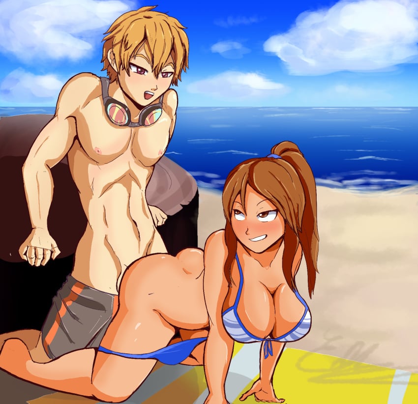 1boy 1girls abs beach biceps bikini blonde_hair booty_calls brown_hair crossover eddiemushroom female free! from_behind gay_to_straight hazuki_nagisa large_breasts muscle muscles nagisa_hazuki pecs sex shannon_(booty_calls) straight toned