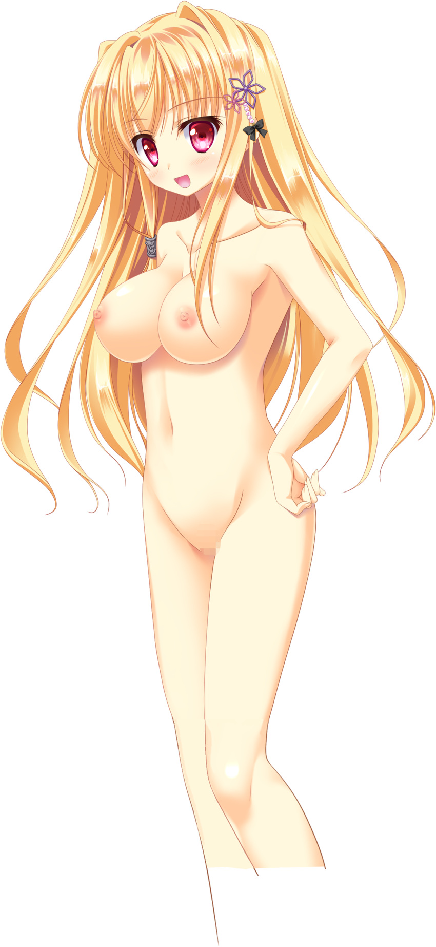 absurdres blonde_hair breasts female hair_ornament highres kamishiro_kohaku large_breasts long_hair lost_echoes nipples nude official_art red_eyes solo tamiya_akito transparent_background