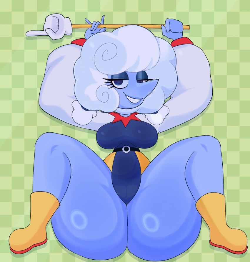 big_thighs blue_skin deltarune elnina_(deltarune) fromariels leotard smile smiling smiling_at_viewer thick_thighs thighhighs thighs twitter_username white_hair wide_hips yellow_boots