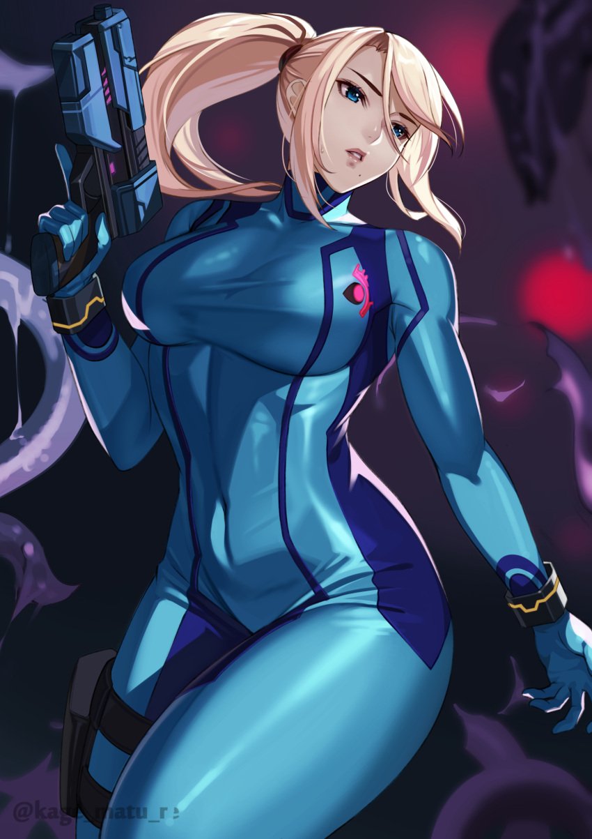 beauty_mark blonde_hair blue_eyes gun holding_gun holding_object holding_weapon human kagematsuri long_hair metroid paralyzer paralyzer_(gun) pistol ponytail samus_aran trigger_discipline zero_suit zero_suit_samus