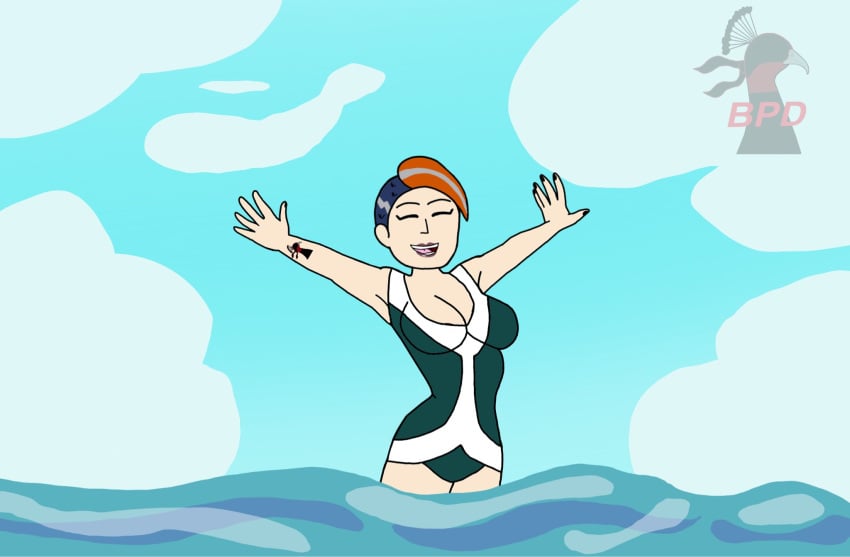 beach beach_background big_breasts black_claws blind_peacock_draws blind_peacock_draws_(artist) blue_hair breasts clawed_fingers claws cloud clouds fin_hawk green_eyes long_nails mohawk mohawk_(hairstyle) monster monster_girl ocean ocean_background orange_hair original original_art original_artwork original_character rare_(blindpeacockdraws) red_eyes sharp_teeth superhero swimsuit swimwear tattoo tattoo_on_arm white_skin