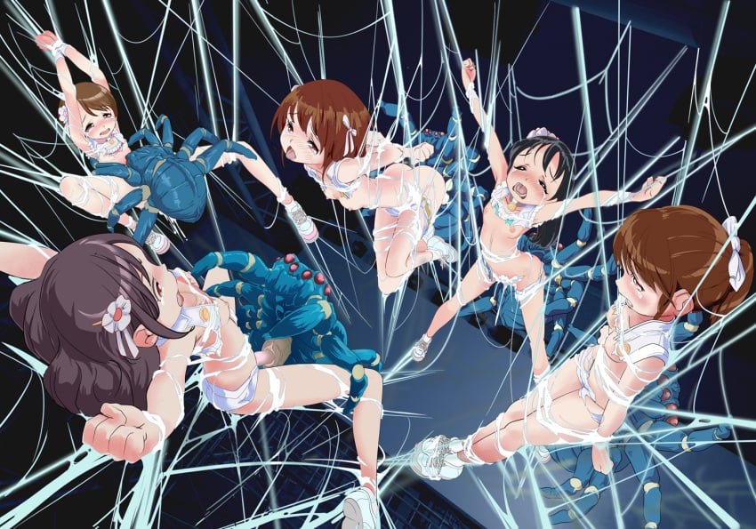 5girls ass bare_shoulders black_hair bound bound_arms bound_legs breasts brown_hair bug clenched_hands closed_eyes crying cum cum_in_pussy cumdrip female hair_ribbon idol idol_clothes interspecies kamimaki_tsukami legs_apart legs_together medium_breasts multiple_girls nude open_mouth original peril rape red_eyes restrained ribbon sex sex_from_behind shoes silk small_breasts sneakers spider spider_web stage suspension tears thighs torn_clothes white_ribbon white_shoes zoophilia