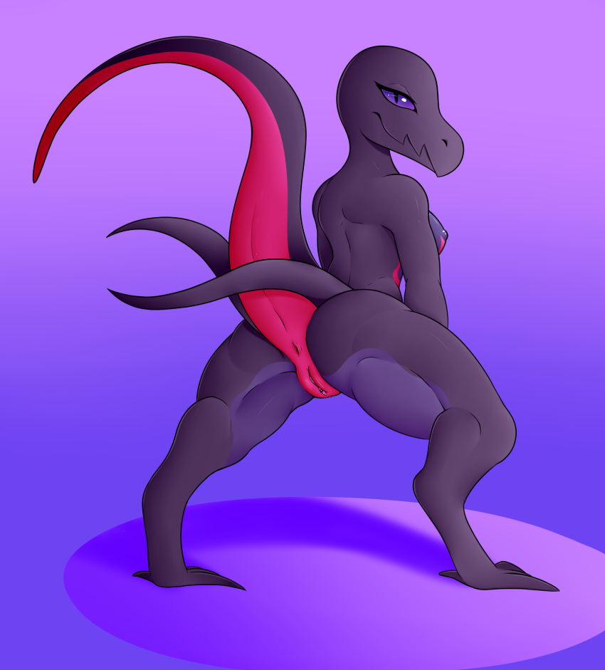 1girls 2018 anthro anus ass back black_nipples black_skin breasts deerrobin eyelashes feet female grey_skin half-closed_eyes long_mouth looking_at_viewer looking_back nintendo nipples nude pink_skin pokémon_(species) pokemon pokemon_(species) pokemon_sm presenting presenting_anus presenting_hindquarters presenting_pussy purple_background purple_eyes purple_skin pussy raised_tail reptile salazzle scalie seductive simple_background smile solo standing tail thick_thighs video_games