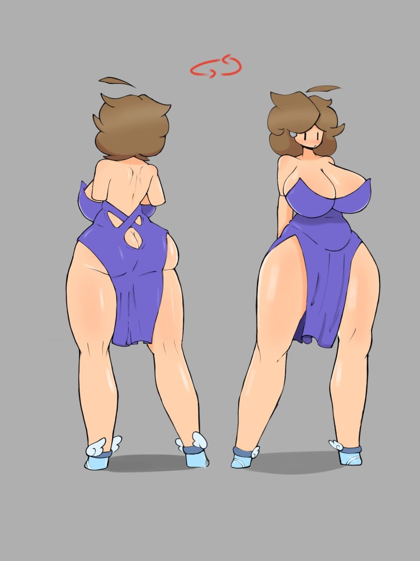 &ntilde; 1girls ahoge ass back_view big_breasts big_thighs black_eyes blue_clothing breasts brown_hair dress front_view geby_(megamor) huge_boobs huge_breasts huge_thighs megamor oc robot robot_girl shoes short_hair simple_background tall taller_female taller_girl thick_thighs thighs twitter_user_oc white_skin