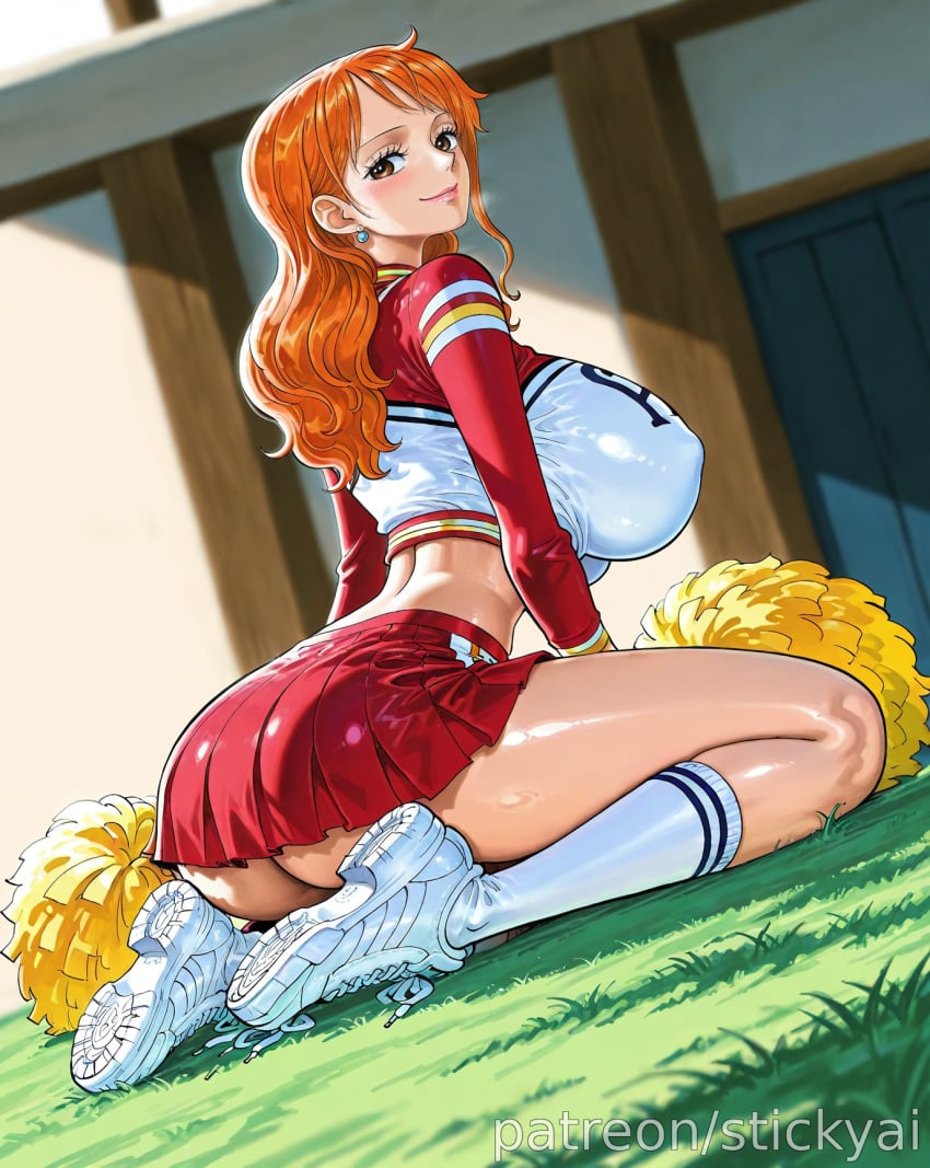 ai_generated breasts brown_eyes cheerleader clothing female female_only nami nami_(one_piece) nsfw one_piece orange_hair skirt stickyai