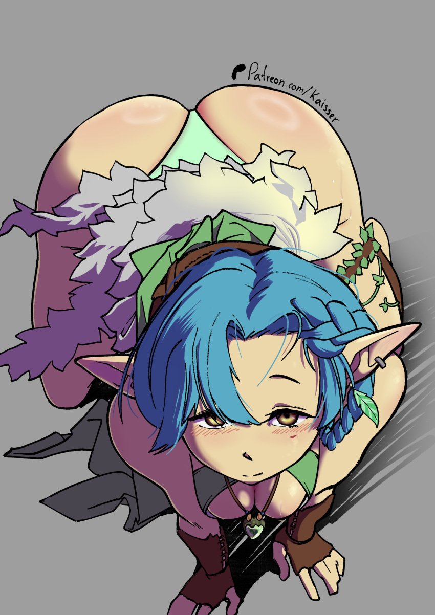 ass blue_hair crawling estelle_(guardian_tales) fingerless_gloves gloves grey_background guardian_tales kaisser long_ears looking_up necklace patreon_url simple_background tagme yellow_eyes
