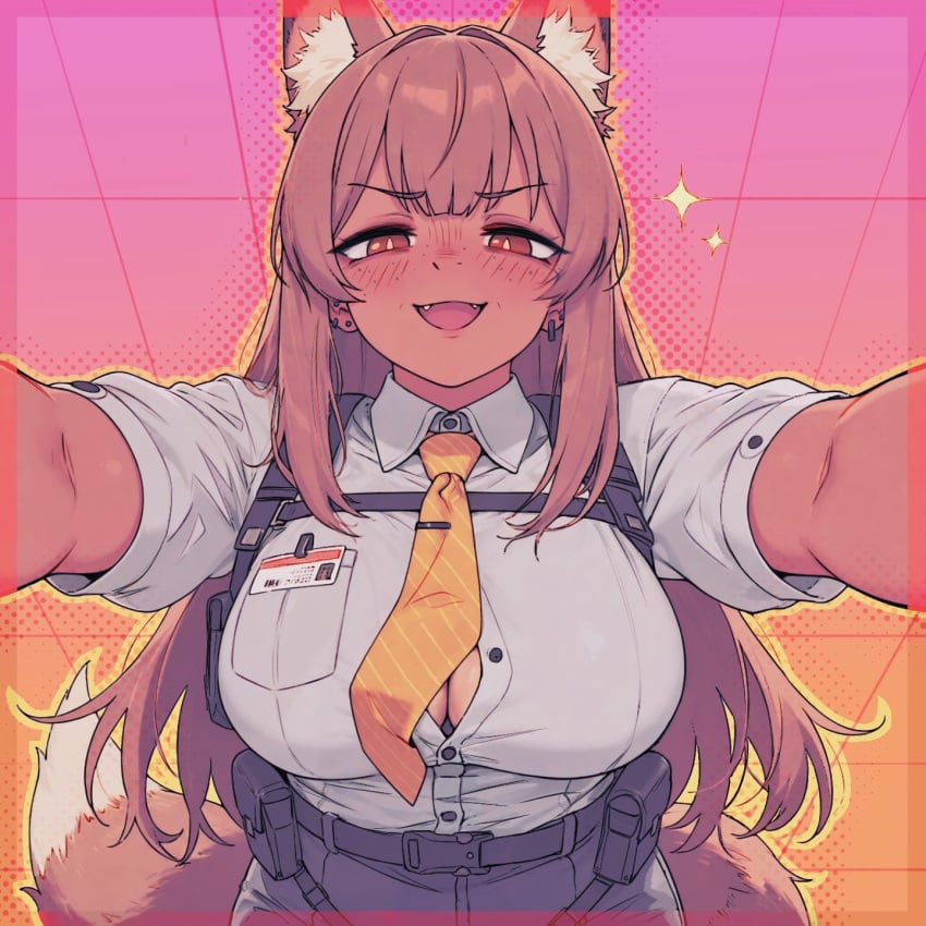 1girls arknights big_breasts blush breasts brown_eyes brown_hair button_gap caffichai clothed female fox_ears fox_girl franka_(arknights) open_mouth pov solo tail tie tight_clothing