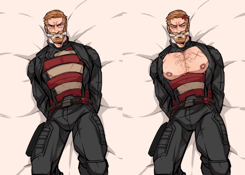 1boy anger_symbol angry beard blonde_hair closed_eyes facial_hair flushed_face fully_clothed gagged human john_walker male marvel marvel_cinematic_universe mcu moustache revealyoursins scar scar_on_chest scars shirt_open solo_male sweat sweaty_chest thunderbolts us_agent