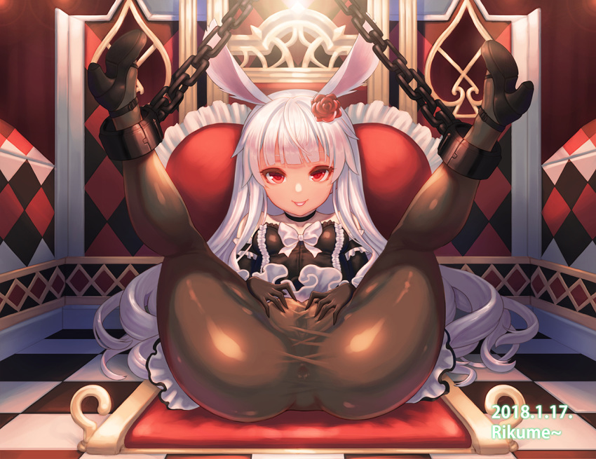 2018 animal_ears artist_name ass bare_shoulders black_dress black_gloves black_legwear breasts bunny_ears cameltoe chains chair covered_anus cuffs dated dress elin_(tera) female flower gloves grin hair_flower hair_ornament high_heels kneepits leaning_back legs legs_up long_hair mary_janes no_panties pantyhose presenting pussy red_eyes rikume see-through shoes silver_hair sitting small_breasts smile solo spread_legs spread_pussy spread_pussy_under_clothes strapless strapless_dress tera_online