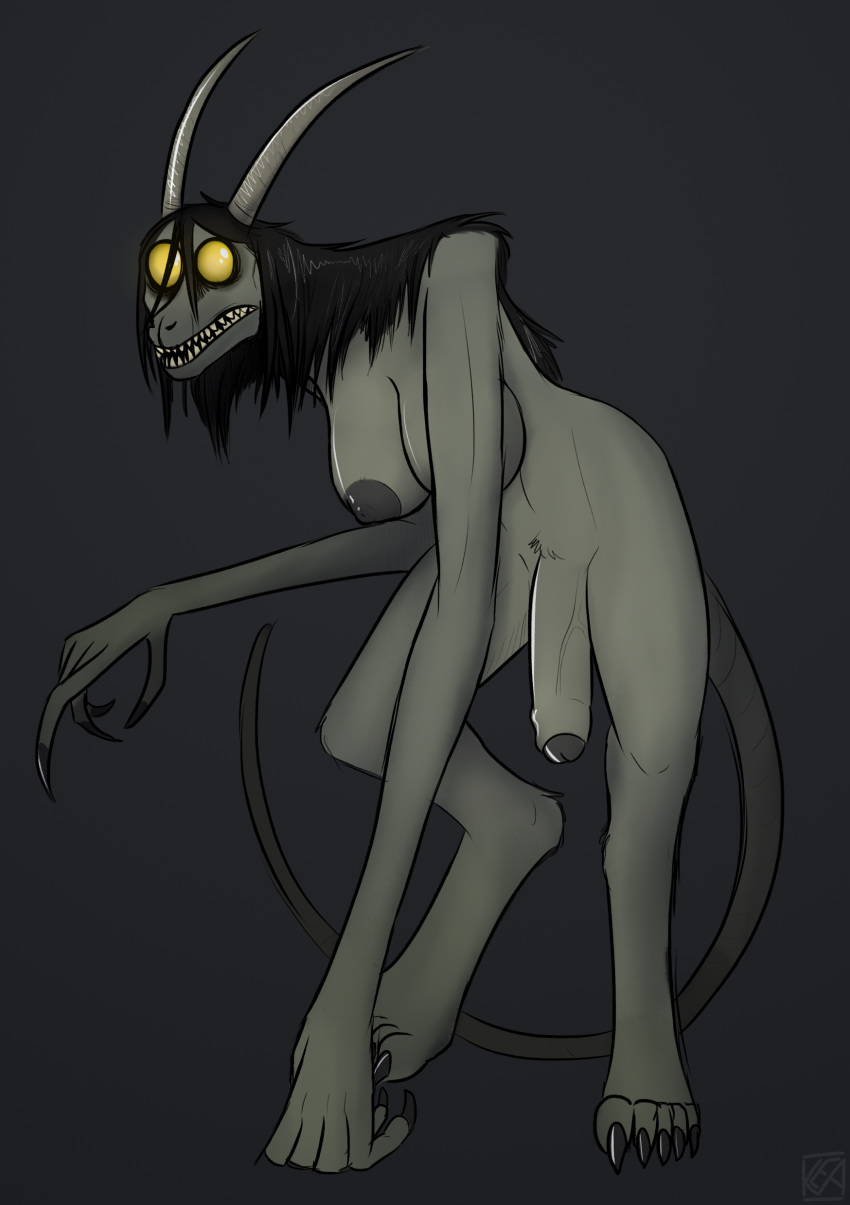 1futa 5_fingers 5_toes anthro areolae big_breasts big_penis black_claws black_hair breasts claws dickgirl futa_only futanari hair horn horns intersex keadonger long_arms long_fingers monster scp-3887-b scp_foundation simple_background solo yellow_eyes