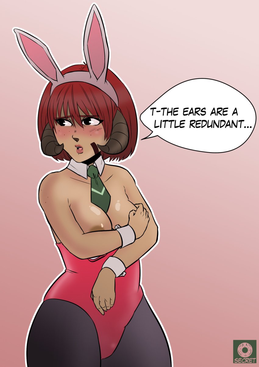 blush breasts breasts_out bunny_ears bunny_girl bunnysuit covering_breasts dialogue donutsecret female for_(donutsecret) horns red_hair simple_background solo tagme text tie