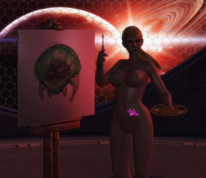 3d blonde_hair breasts easel female jc-starstorm metroid metroid_(creature) nintendo pussy samus_aran space tattoo