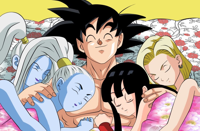 1boy 4girls android android_18 angel_(dragon_ball) bed canon_couple chichi closed_eyes dicasty dragon_ball dragon_ball_super female goku harem husband_and_wife in_bed indoors male marcarita multiple_girls saiyan sleeping son_goku straight universe_6/universe_7 vados