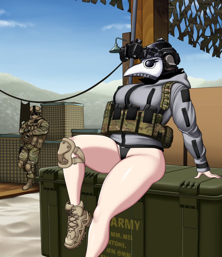 1boy 1girls army army_girl black_hair blue_eyes female indyee indyee_(mk100black) male military military_uniform mk001black plague_doctor_mask