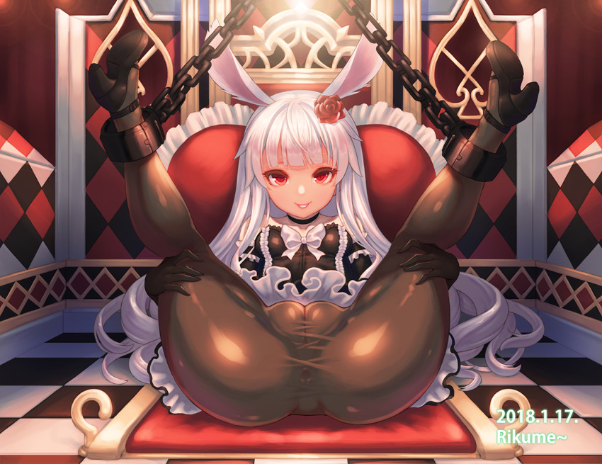 2018 animal_ears artist_name ass bare_shoulders black_dress black_gloves black_legwear breasts bunny_ears cameltoe chains chair covered_anus cuffs dated dress elin_(tera) female flower gloves grin hair_flower hair_ornament high_heels leaning_back legs legs_up long_hair mary_janes no_panties pantyhose presenting pussy red_eyes rikume see-through shoes silver_hair sitting small_breasts smile solo spread_legs strapless strapless_dress tera_online