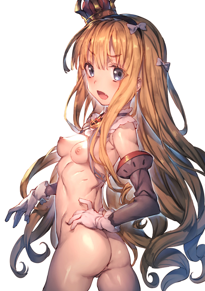 1girls ass azur_lane back blonde_hair blue_eyes breasts crown gloves long_hair looking_back naked nipples pussy queen_elizabeth_(azur_lane) redcomet ribs small_breasts standing