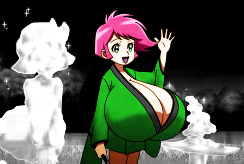 2:3 big_breasts black_background brown_pants busty cute gigantic_breasts green_eyes green_eyes_female green_kimono hand_wave kimono open_mouth oppai pink_hair pink_hair_female robe short_hair short_hair_female short_pink_hair teen yukiko