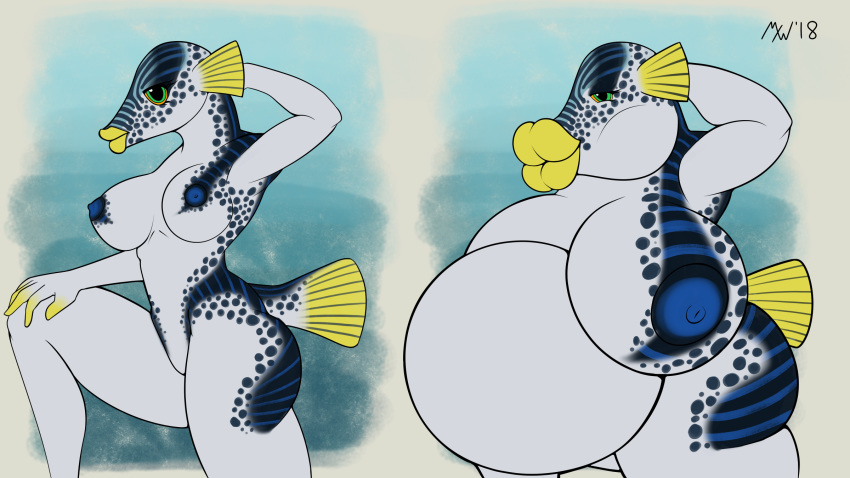 2018 anthro ass belly big_belly big_breasts big_butt breast_expansion breasts digital_media_(artwork) female fish hi_res huge_breasts huge_lips inflation lips marine mxwqtkl nipples nude pufferfish simple_background solo