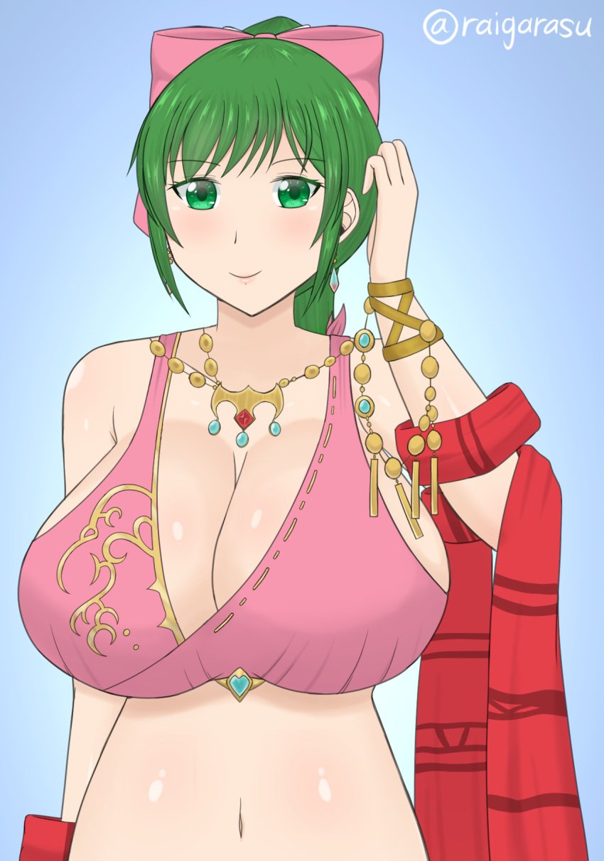 bow cleavage earring female female_only fire_emblem fire_emblem:_genealogy_of_the_holy_war green_eyes green_hair huge_breasts jewelry lene_(fire_emblem) looking_at_viewer medium_hair midriff navel necklace nintendo no_bra no_panties no_underwear nude_underneath onee-chan photoshop ponytail raigarasu revealing_clothes sideboob smile solo third-party_edit