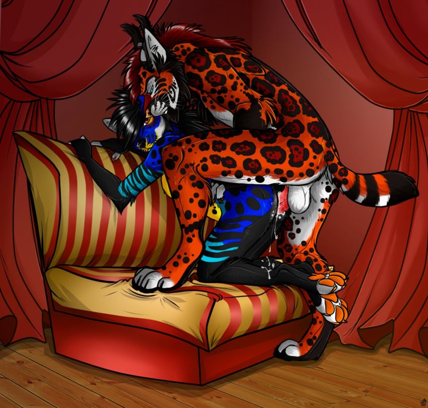 2016 5_fingers anthro anthro_on_anthro bedroom black_fur black_hair blue_fur breasts canine chest_tuft claws cum detailed_background feline female fluffy fluffy_tail from_behind_position fur hair highres hind leaning looking_at_partner lynx male mammal patrikthedog penetration penis pussy red_hair sex smile sofa spots straight tan_fur tuft vaginal_penetration