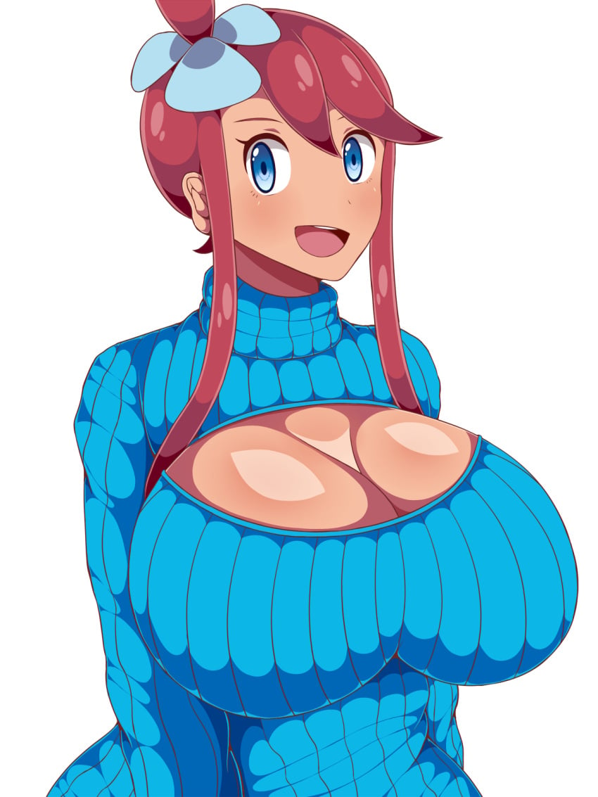 1girls alternate_breast_size alternate_outfit bangs big_breasts blue_eyes breasts breasts_bigger_than_head bust cleavage cleavage_cutout dark-skinned_female dark_skin flower flower_on_head huge_breasts looking_at_viewer nintendo open_mouth pokemon pokemon_bw red_hair ribbed_sweater senwa skyla_(pokemon) sweater