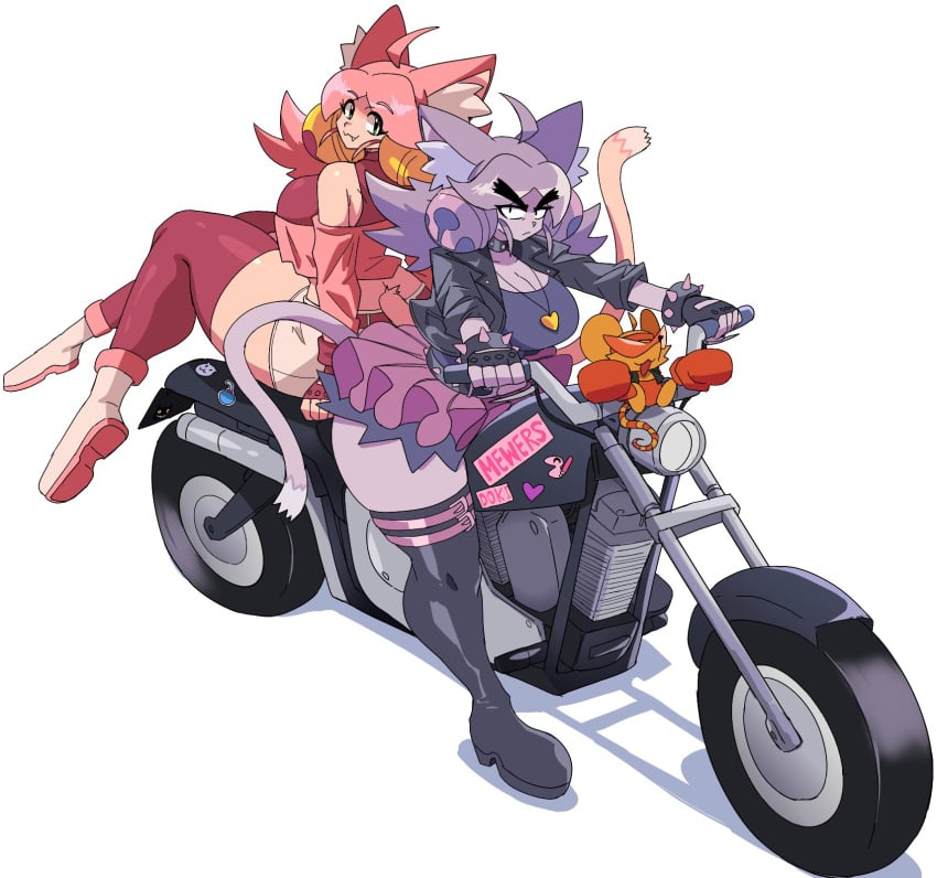 2d 2d_artwork 3girls big_breasts cat_ears cat_tail catgirl cyberlord1109 deltarune deltarune_chapter_5 female female_only goes_hard irritable_ghost_(deltarune) jacket leather_jacket mad_mew_mew mew_mew_(undertale) motorcycle mouse mouse_ears mouse_girl mouse_tail not_porn orange_(deltarune) pink_(deltarune) sfw simple_background tagme thigh_high_boots tuff undertale_(series)