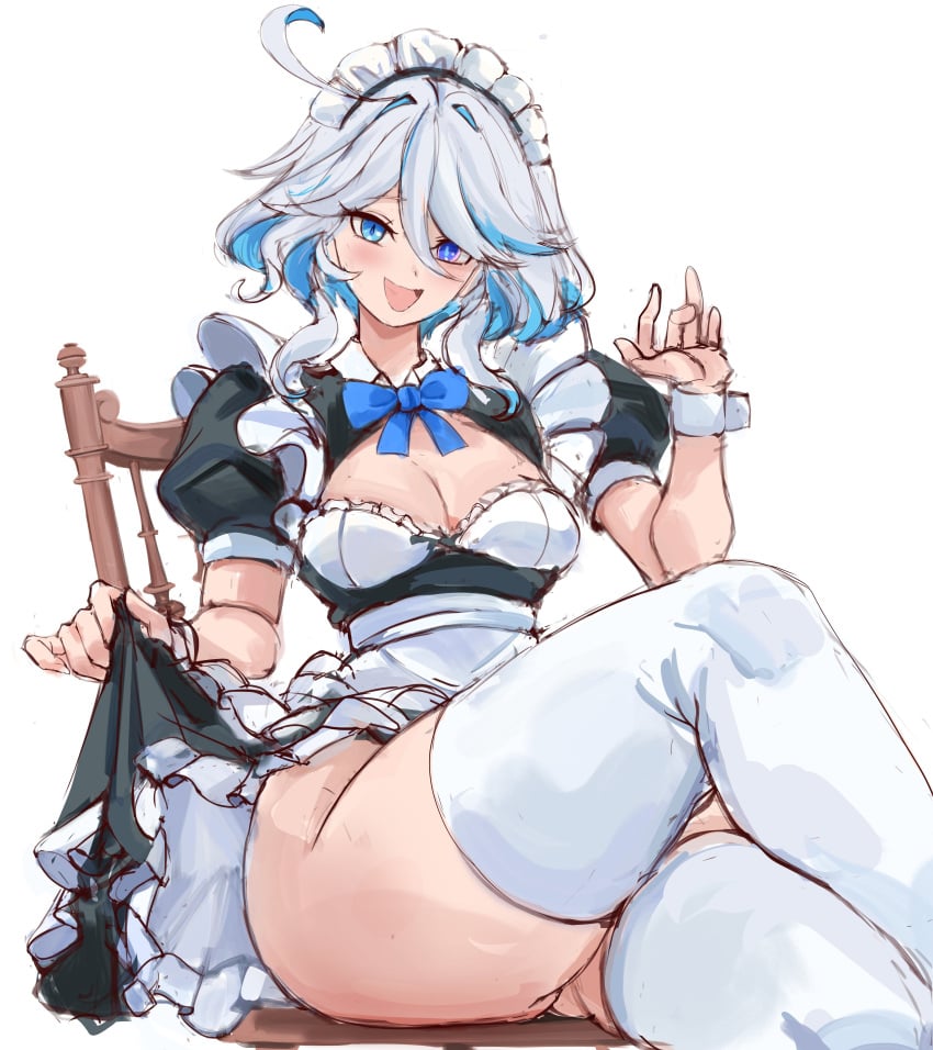 1girl absurdres ahoge alternate_costume apron black_dress blue_eyes blue_hair breasts cleavage clothes_lift commentary crossed_legs dress dress_lift drop-shaped_pupils enmaided frills furina_(genshin_impact) genshin_impact heterochromia highres lifting_own_clothes looking_at_viewer maid maid_apron maid_headdress multicolored_hair open_mouth rakeemspoon short_hair smile solo streaked_hair symbol-shaped_pupils thighhighs thighs white_apron white_background white_thighhighs white_wrist_cuffs wrist_cuffs