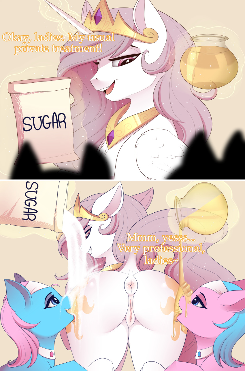 ! ... 2017 alicorn aloe_(mlp) anthro anus ass bag big_butt blue_eyes blue_hair collage collar crown cutie_mark dialogue dock earth_pony english_text equine evehly eyebrows eyelashes eyeshadow fan_character feathered_wings feathers female food food_play friendship_is_magic glass grey_hair grin group hair half-closed_eyes hi_res honey horn horse jar levitation licking looking_back lotus_blossom magic makeup mammal mascara my_little_pony nude open_mouth open_smile pink_eyes pink_hair pony princess_celestia_(mlp) princess_molestia puffy_anus pussy silhouette smile sugar teeth text thick_thighs tongue tongue_out wings yuri