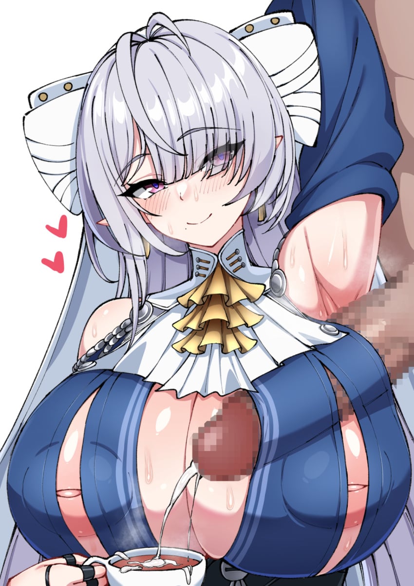 1boy 1girl antenna_hair arm_up armpit_sex armpits ascot blue_sleeves blush bow breasts censored character_request copyright_request cum cup detached_sleeves earrings ejaculation erection hair_bow hair_over_one_eye hanuma_hanma hetero highres holding huge_breasts inverted_nipples jewelry large_penis long_hair mosaic_censoring nipple_cutout nipples penis pointy_ears puffy_nipples purple_eyes purple_hair ring simple_background skindentation sleeveless smile sweatdrop teacup upper_body velina_airgid very_long_hair vivian_(zenless_zone_zero) white_background white_bow zenless_zone_zero