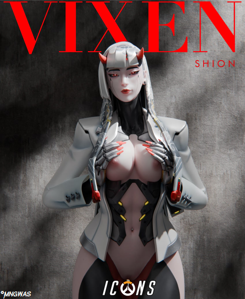 1girls 3d absurd_res female female_focus female_only highres horns medium_breasts mngwas overwatch overwatch_2 posing pushing_breasts_together red_eyes robot robot_girl robot_humanoid shion_(overwatch) text white_body white_hair