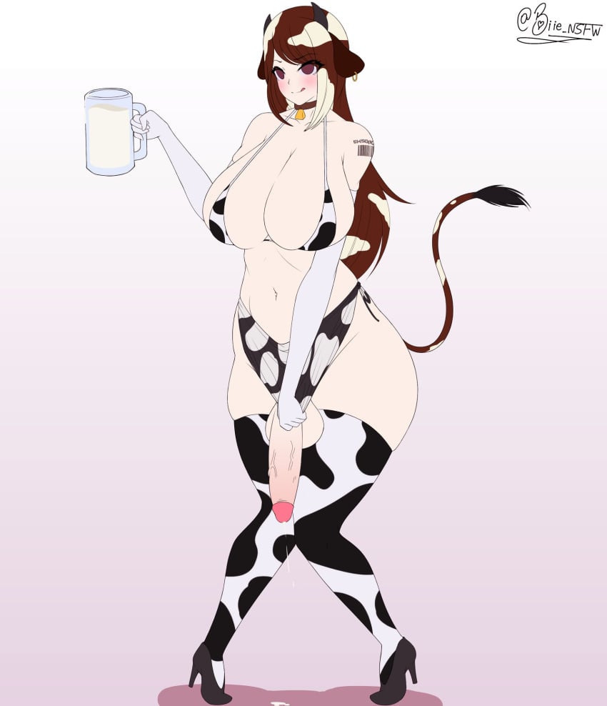 1futa balls barcode barcode_tattoo bell_choker big_breasts biie breasts brown_hair choker clothed clothing cow_ears cow_girl cow_horns cow_tail cowgirl cowgirl_outfit cum cum_cup cum_in_cup cumdrip cup_of_cum futa_only futanari high_heels human knees_together_feet_apart light-skinned_futanari light_skin long_hair mostly_nude penis penis_dripping solo standing thick_thighs thighhighs thighs twitter_username