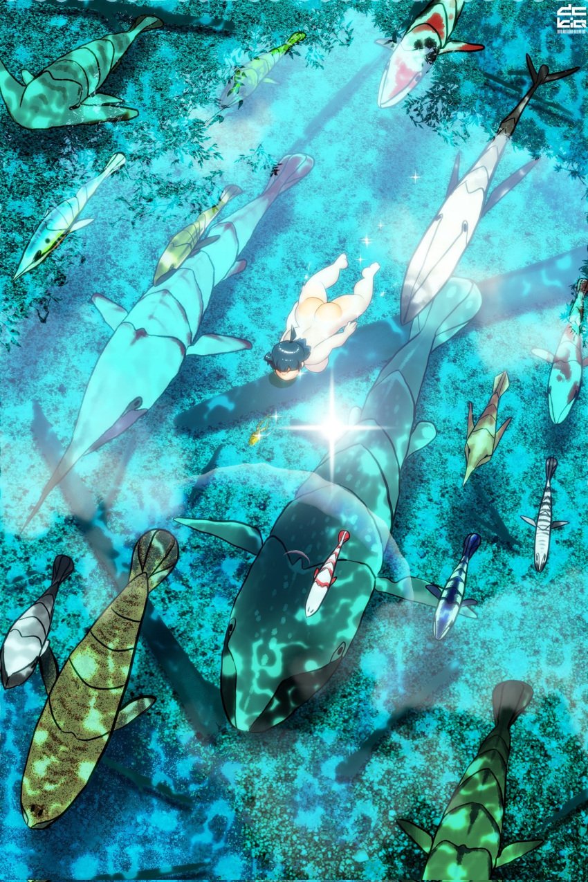 ahoge alien_fish alien_planet anthropod bangs bbw belly big_belly big_breasts big_butt birds_eye blue_hair breast_stroke brown_eyes cheeked_up chubby chubby_female clear_water curly_tail curvy curvy_figure dark-skinned_female dark_skin dckiq detailed_background fish hairy_pussy huge_ass huge_breasts in_water kiqki_(dckiq) large_breasts nude ocean outdoor outdoor_nudity outside outside_nudity pig_girl pig_tail plump short_hair skinny_dipping squish swimming swimming_nude tan_skin tan_skinned_female tetrapoda thicc thick_thighs water yatts_(dckiq)