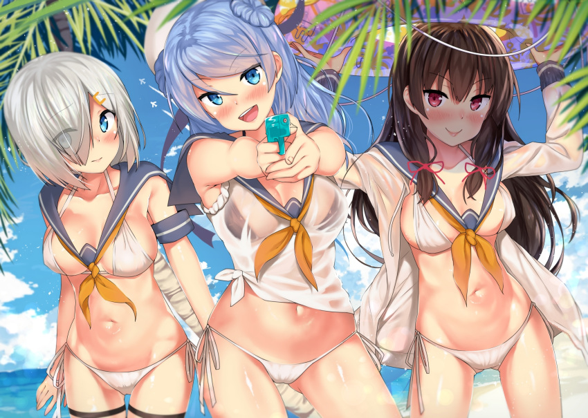 10s 3girls beach bikini black_hair blue_eyes blue_hair blue_skirt blush breasts cloud cowboy_shot day double_bun eyes_visible_through_hair hair_ornament hair_ribbon hairclip hamakaze_(kantai_collection) highres innertube isokaze_(kantai_collection) kantai_collection kawai_(purplrpouni) long_hair long_sleeves looking_at_viewer medium_breasts multiple_girls navel neckerchief open_clothes outdoors palm_tree red_eyes red_ribbon ribbon school_uniform see-through serafuku shiny shiny_skin shirt short_hair side-tie_bikini_bottom silver_hair skirt sky smile swimsuit tagme tied_shirt tree tress_ribbon urakaze_(kantai_collection) water_gun wet wet_clothes white_bikini yellow_neckerchief