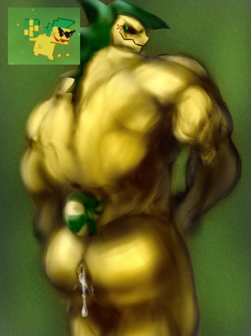 ajaw ajaw_(genshin_impact) anthro ass big_butt big_muscles bodily_fluids cum cum_drip cum_in_ass cum_inside dragon drakei dripping genital_fluids hi_res looking_at_viewer looking_back male muscular muscular_male mythological_creature mythological_scalie mythology rear_view scalie simple_background solo yellow_body yumkasaurus_(species)