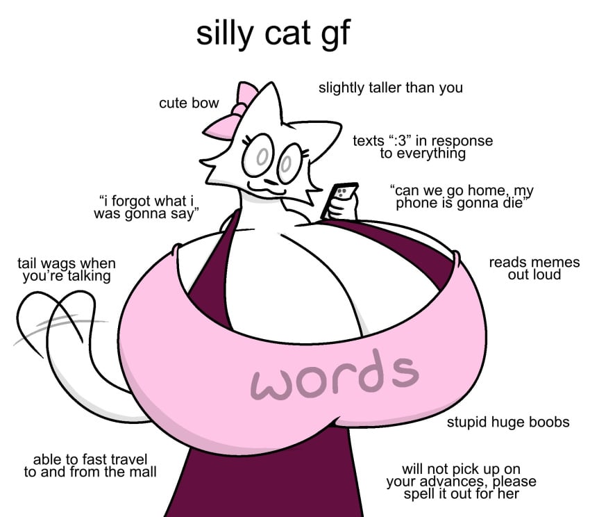 1girls anthro bow breasts_bigger_than_head cartoony casual_hyper cat_ears catgirl cleavage english_text hi_res huge_breasts hyper hyper_breasts long_tail mattthetooncat meme phone simple_background white_background white_fur