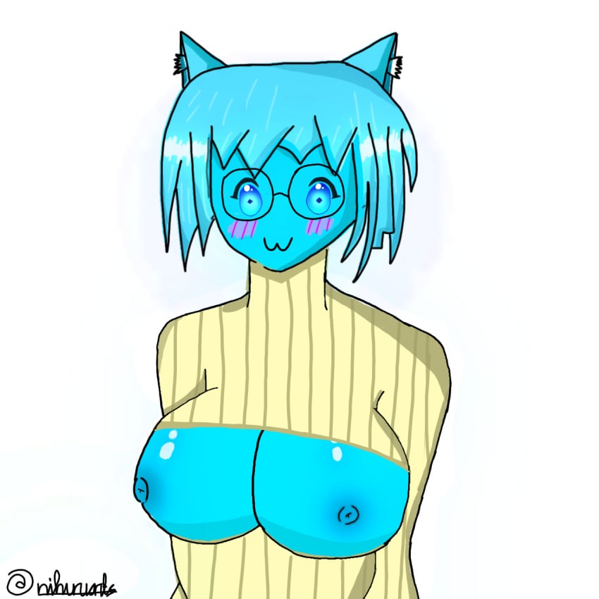 1girls blush breasts_out cat_ears catgirl cryo_(cube_combination) cube_combination cyan_body cyan_hair elemental embarrassed embarrassed_nude_exposure large_breasts lifting_shirt nihuruarts roblox roblox_game robloxian self_upload shirt_lift shirt_up tagme tits_out