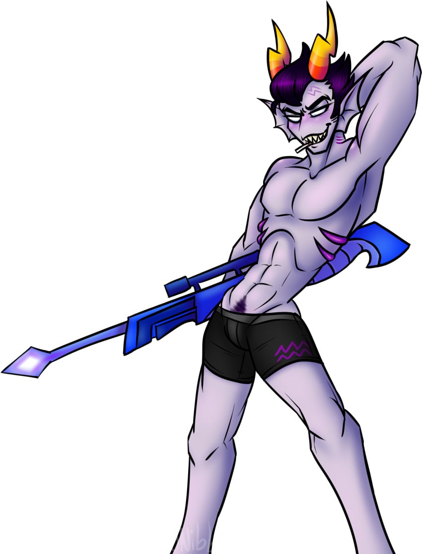 1boy 1boys alien alien_humanoid black_hair black_hair_male color colored colored_skin cronus_ampora fins full_color grey_skin homestuck homestuck_troll horn horns humanoid humanoid_alien looking_at_viewer male_focus male_only masculine mostly_nude mostly_nude_male nibblyjimbles partially_clothed partially_clothed_male pose posing presenting request scar seductive seductive_look short_hair short_hair_male sniper_rifle solo solo_male standing troll underwear