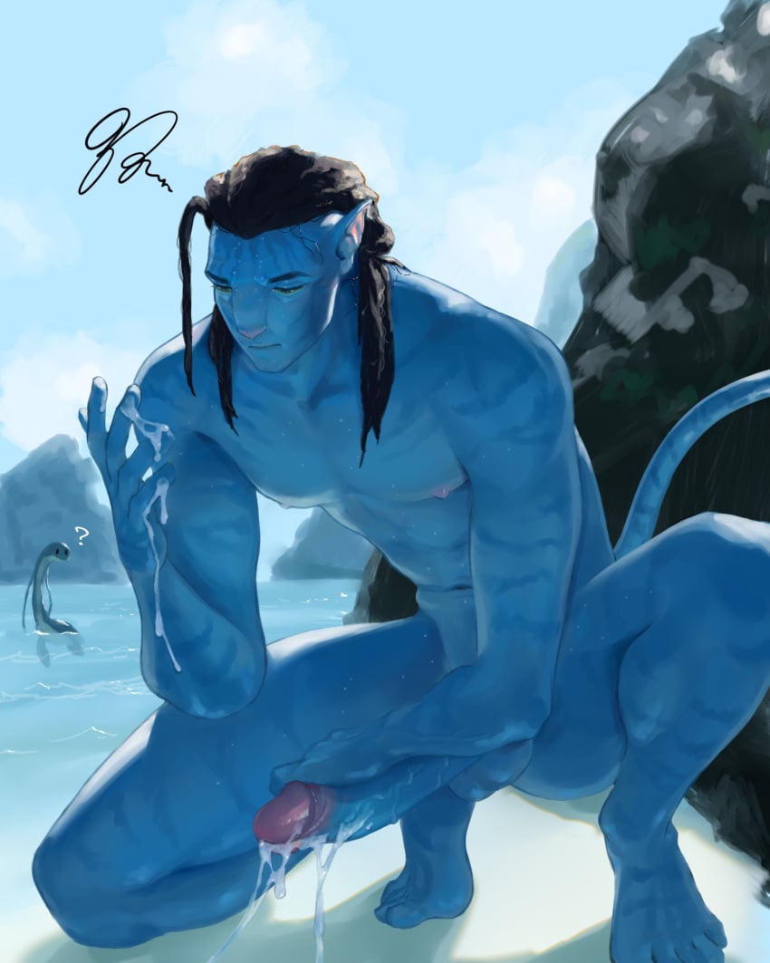 1boy alien alien_only avatar avatar:_the_way_of_water beach blue_skin colored cum cum_drip cum_on_fingers cum_on_penis gay jake_sully long_hair male_only masturbation na'vi naked_male non-human non-human_only only_male uncensored useful4max yaoi