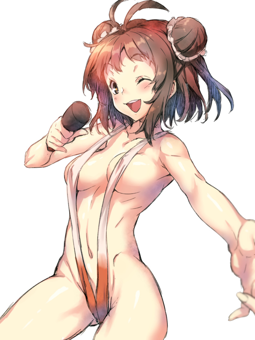 ahoge bikini blush breasts brown_hair double_bun erect_nipples female hair_bun high_resolution kantai_collection looking_at_viewer microphone naka_(kantai_collection) navel nipples one_eye_closed open_mouth redcomet simple_background sling_bikini smile solo swimsuit tied_hair white_background