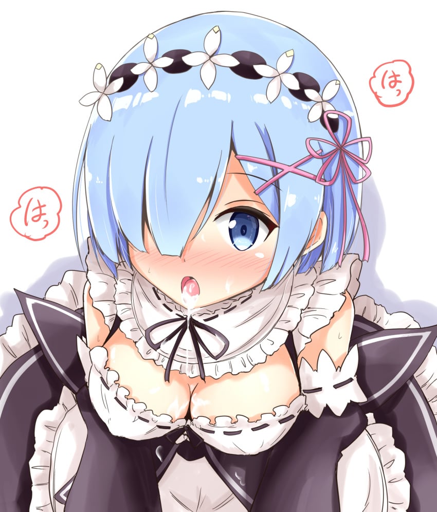 after_fellatio aikawa_ryou blue_eyes blue_hair blush breasts commentary_request cum cum_in_mouth detached_sleeves female hair_ornament hair_over_one_eye highres maid maid_headdress medium_breasts open_mouth re:zero_kara_hajimeru_isekai_seikatsu rem_(re:zero) ribbon-trimmed_clothes ribbon_trim short_hair simple_background solo white_background x_hair_ornament