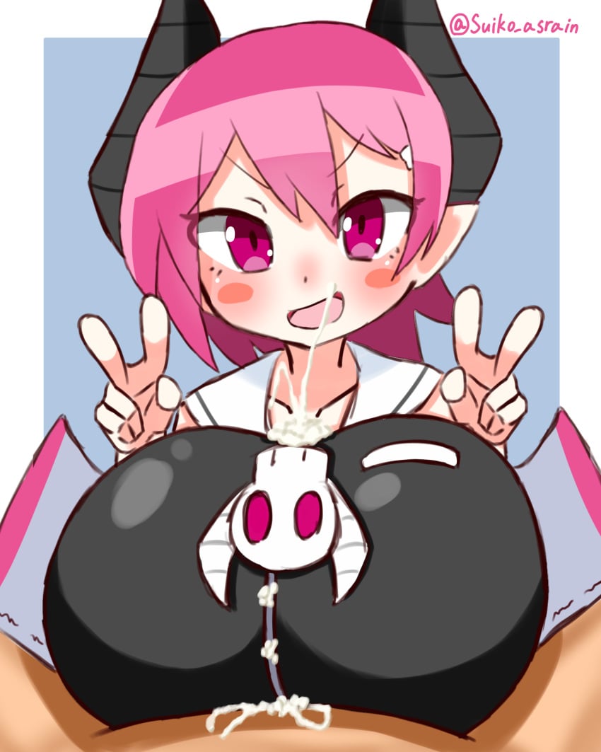 big_breasts breasts clothed_female_nude_male clothed_paizuri completely_nude completely_nude_male cum demon_girl demon_horns disgaea disgaea_3 gigantic_breasts huge_breasts large_breasts nippon_ichi_software paizuri paizuri_under_clothes raspberyl short_stack shortstack suiko_asrain