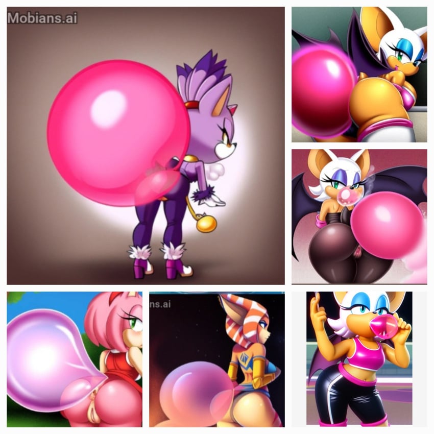 ai_generated amy_rose blaze_the_cat bubblegum fart_bubbles mobians.ai rouge_the_bat sonic_(series)