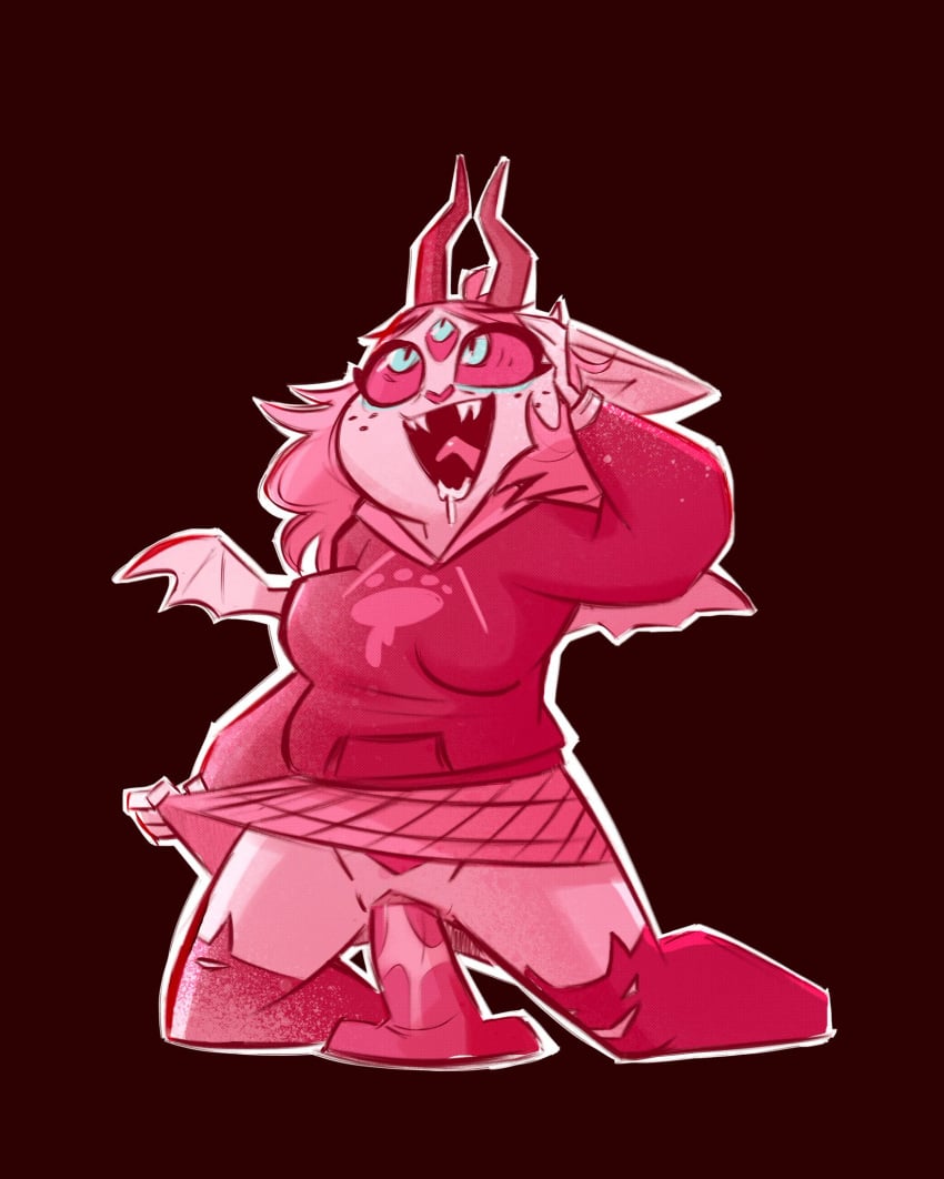 1girls anthro big_breasts demon dildo drool emberlynn_pinkle emberlynn_pinkle_(demon_form) eyes_rolling_back female female_focus female_only fluttershythekind furry helluva_boss holding_skirt hoodie legwear masturbation no_panties open_mouth red_background skirt_pull wings