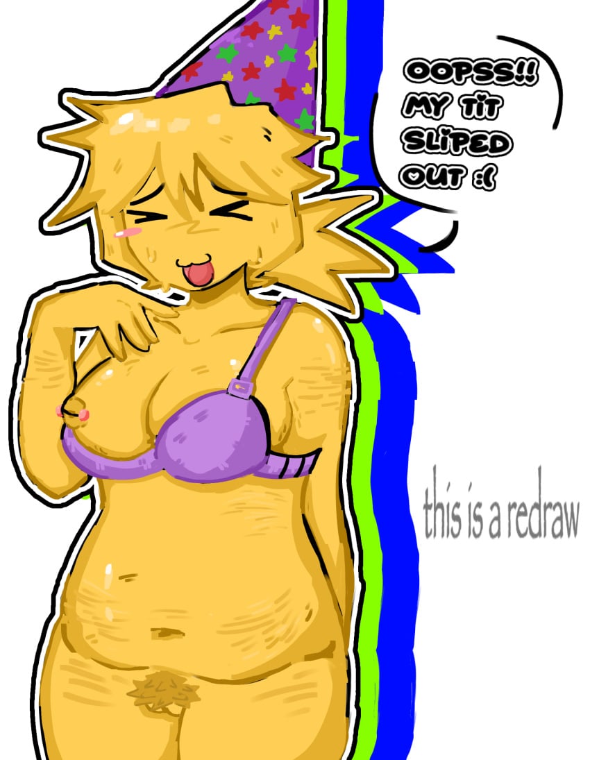 :( breasts chubby_belly embarrassed female female_focus female_only nervous_expression nipple_piercing party_hat poob_(regretevator) pubic_hair redraw regretevator roblox scars self_harm_scars simple_background text text_bubble vagina