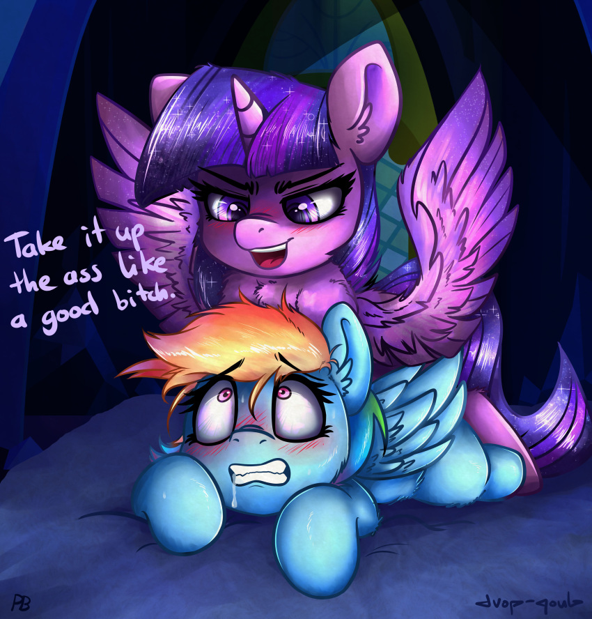 2017 absurd_res alicorn anal anal_sex bed bedroom blue_fur blush castle chest_tuft clenched_teeth color_edit colored crystals dialogue dickgirl dickgirl_domination domination drooling duop-qoub edit english_text equine eyebrows eyelashes feathered_wings feathers female friendship_is_magic from_behind_position fur furry futa_on_female futadom futanari hair hi_res horn implied_anal inner_ear_fluff inside intersex intersex/female looking_up lying makeup mammal mascara multicolored_hair my_little_pony nude open_mouth open_smile pabbley pegasus penetration pink_eyes princess_twilight_sparkle profanity purple_eyes purple_fur purple_hair questionable_consent rainbow_dash_(mlp) rainbow_hair saliva sex signature smile speed_bump_position straight_hair teeth text tongue tuft twidash twilight_sparkle_(mlp) wide_eyed wing_boner wings