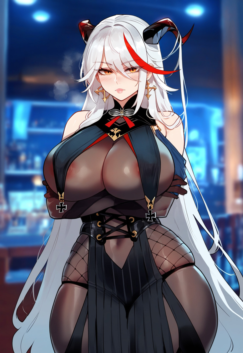 1girls aegir_(azur_lane) ai_generated arm_support azur_lane big_breasts bodystocking bodysuit curvy dragon_horns indoors large_breasts long_hair red_hair thick_thighs white_hair yellow_eyes