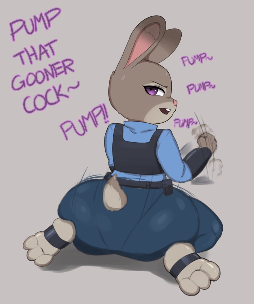 1female 1girls 2024 2d 2d_(artwork) anthro anthro_only ass big_ass big_butt bunny clothed clothed_female clothing disney english english_text female full_color fully_clothed gray_body gray_fur grey_body grey_fur handjob_gesture judy_hopps lagomorph looking_back motion_blur motion_lines no_penetration open_mouth pixar police police_uniform purple_eyes rabbit rabbit_tail solo solo_anthro solo_female tail tenshio text zootopia