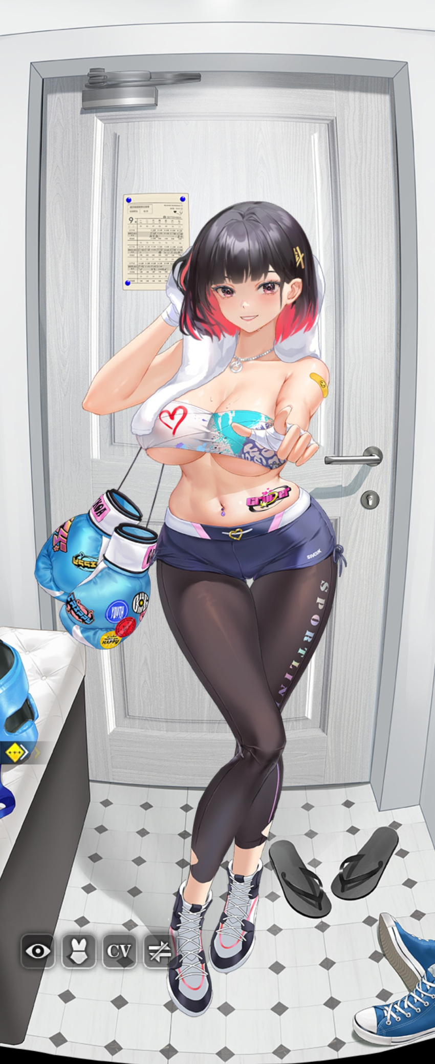 areolae areolae_visible_through_clothing bandage belly_button belly_button_piercing besty_(how_to_raise_a_harem) black_hair blush boxing_gloves breasts door erect_nipples exposed_midriff exposed_shoulders fit fit_female game_cg gloves hairclip hi_res highres how_to_raise_a_harem huge_breasts large_breasts leggings looking_at_viewer midriff necklace no_shirt official_art piercing pointing pointing_at_viewer purple_eyes red_hair sandals screenshot shoes short_hair shorts smile smiling smiling_at_viewer sports_bra sportswear standing sweat sweatdrop sweating sweaty_breasts towel underboob