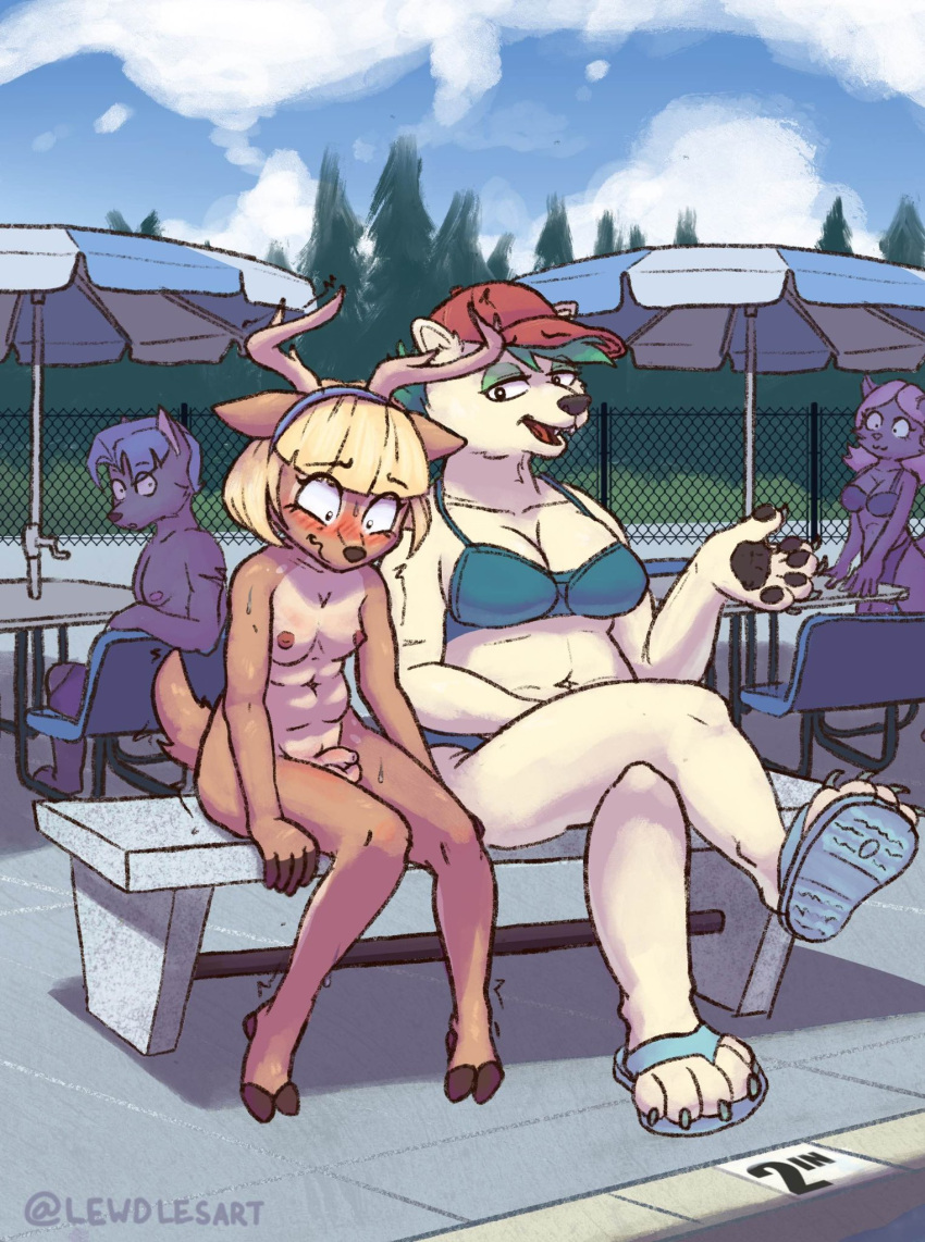 anthro balls bear being_watched blonde_hair blush breasts brown_body brown_fur cleavage clothed clothing cloud countershading crown deer detailed_background emanata embarrassed fence flaccid footwear foreskin fur genitals group hair hat headgear headwear hi_res hooves humanoid_genitalia humanoid_penis kello_(lewdles) lewdles looking_at_another mammal navel nipples nude open_mouth outside pawpads penis plant polar_bear public public_nudity sandals shaking shoes sitting sky swimming_pool swimwear tiara trans_(lore) trans_woman_(lore) tree tremble_spikes trembling umbrella uncircumcised ursine